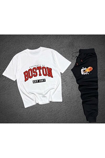 HerTarzınTrendi Boston Printed Crew Neck Oversize T-Shirt and Basketball Prin...