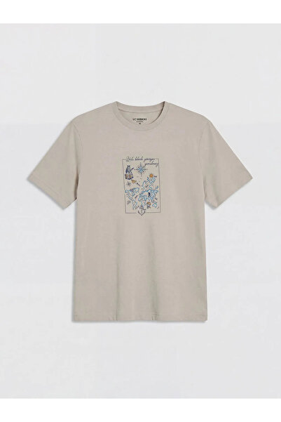 LC Waikiki Beige Crew Neck Printed Men's Combed Cotton T-Shirt