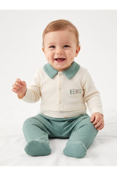 Kids Kingdom Cotton Teddy Bear Detailed Snap Fastener Baby Collar Baby Boy Jumpsuit