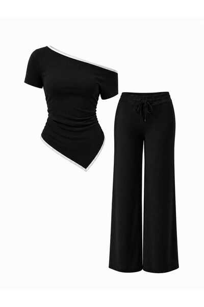 EVOA Women's Asymmetrical Blouse with Piping Detail & Wide-Leg Pants Set
