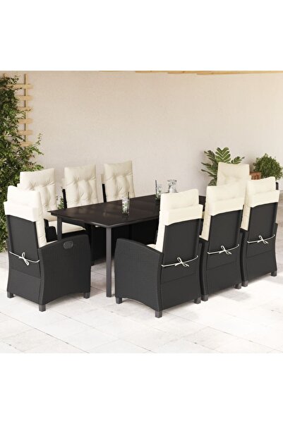vidaxl Garden furniture set with cushions, 9 pieces, black, polyrattan