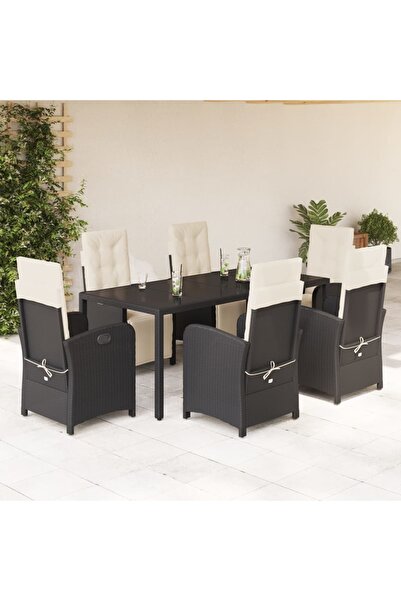vidaxl Set mobilier de gradina cu perne, 7 piese, negru, poliratan