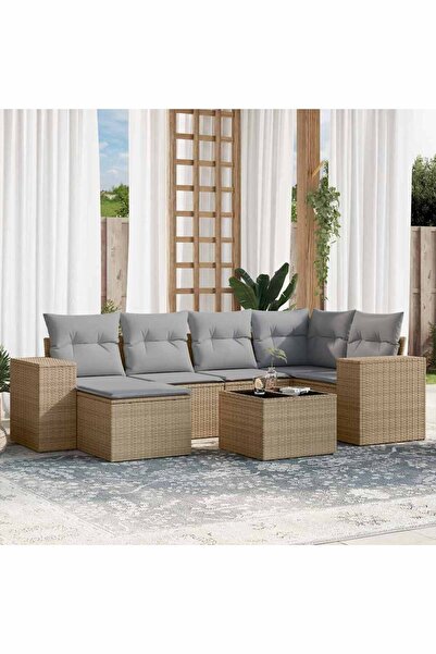 vidaxl Set canapele de gradina, 7 piese, cu perne, bej, poliratan