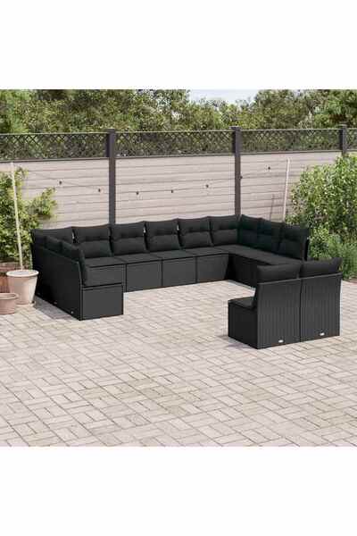vidaxl Garden sofa set, 12 pieces, with cushions, black, polyrattan