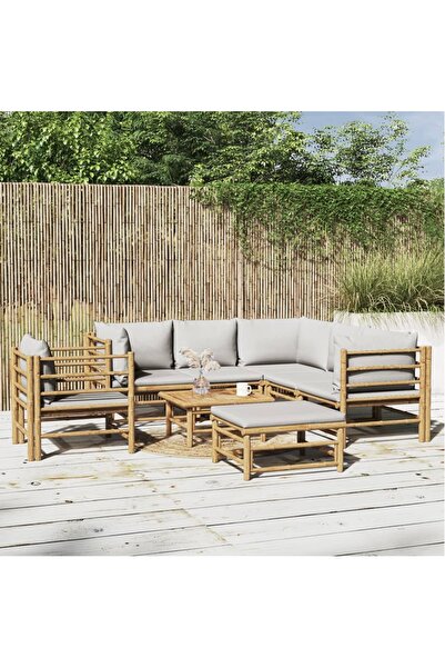 vidaxl Set mobilier de gradina cu perne gri deschis, 8 piese, bambus