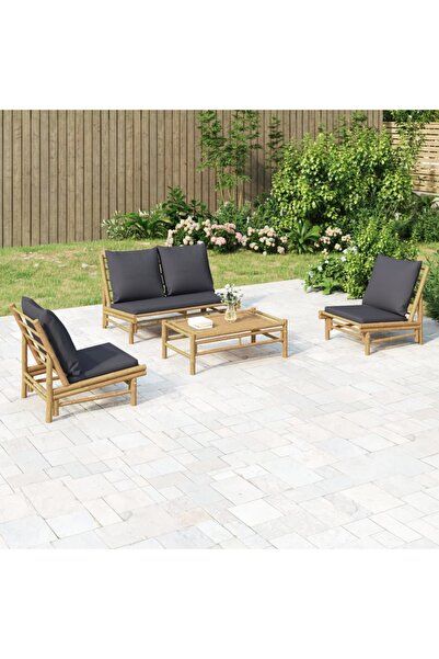 vidaxl Dark grey garden furniture set with cushions, 4 pieces, Bamboo