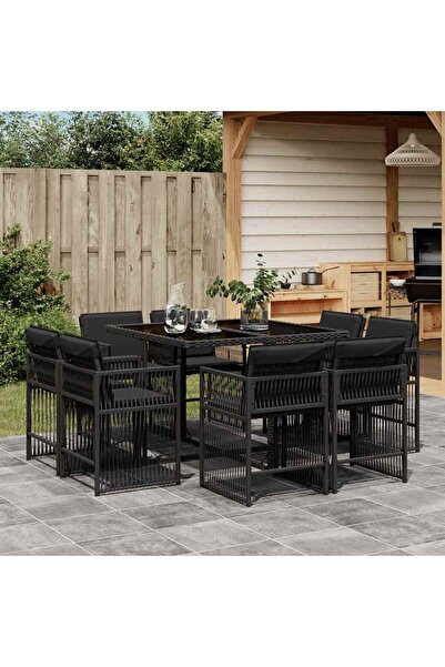 vidaxl Set mobilier de gradina cu perne, 9 piese, negru, poliratan