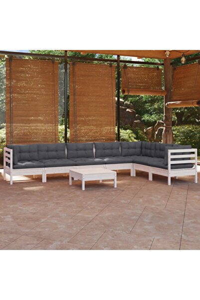 vidaxl Set mobilier de gradina cu perne, 8 piese, alb, lemn masiv pin