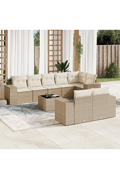 vidaxl Garden sofa set, 9 pieces, with cushions, beige, polyrattan