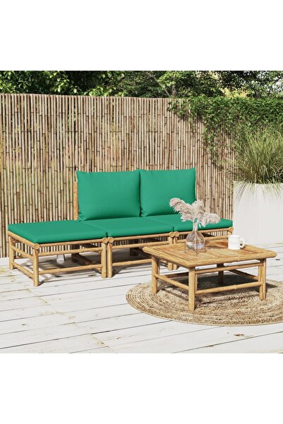 vidaxl Garden furniture set with green cushions, 4 pieces, Bamboo