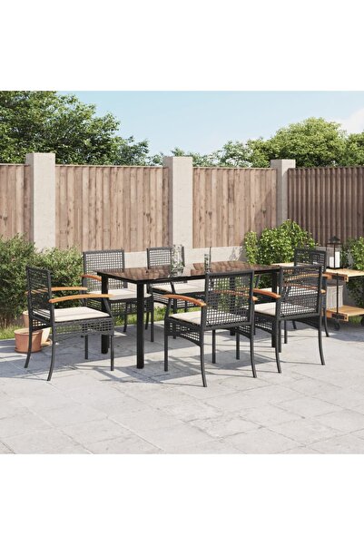 vidaxl Garden furniture set with cushions, 7 pieces, black, polyrattan