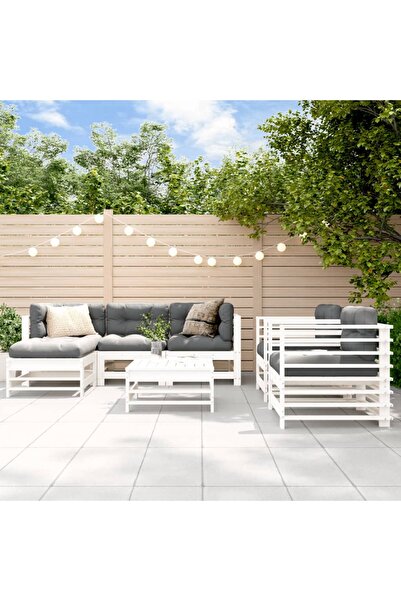 Concept Set mobilier de grădină cu perne, 7 piese, alb, lemn masiv