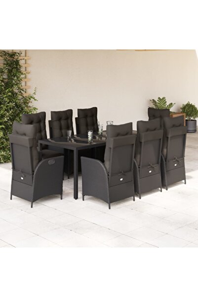 vidaxl Garden furniture set with cushions, 9 pieces, black, polyrattan