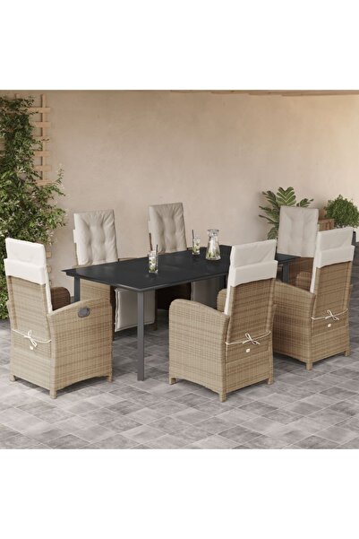 vidaxl Set de masa pentru gradina, 7 piese, cu perne, bej, poliratan