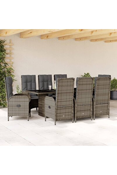 vidaxl Garden furniture set with cushions, 9 pieces, grey, polyrattan