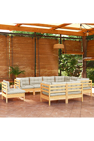 vidaxl Set mobilier gradina cu perne crem, 9 piese, lemn masiv de pin