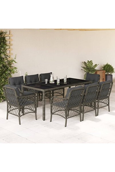 vidaxl Set mobilier gradina cu perne, 9 piese, gri, poliratan