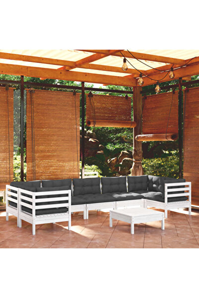 vidaxl Set mobilier de gradina cu perne, 8 piese, alb, lemn masiv pin