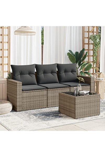 vidaxl Garden sofa set with cushions, 4 pieces, grey, polyrattan