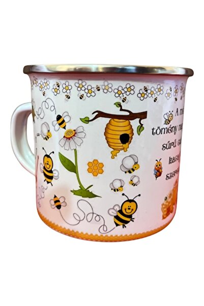 OEM Cană din oțel emailat alb, volum 360 ml, albă, model albină