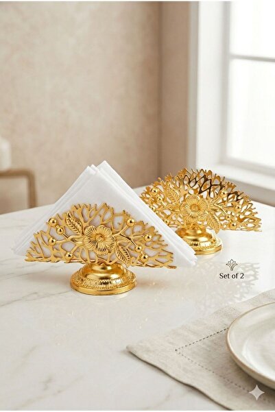 Leila Luxurious Flower-Decorated Gold Metal Presentation Napkin Holder - 2 Pi...