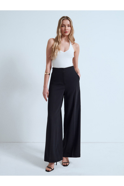 Dilvin 72706 Yüksek Bel Wide Leg Pantolon-Siyah