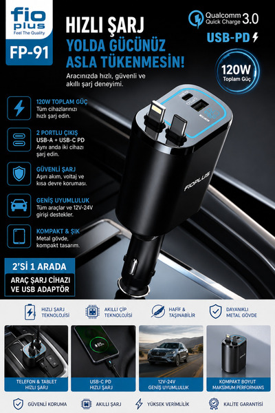 FİOPLUS FP-91 120W 4’ü 1 Arada Hızlı Araç Şarj Cihazı