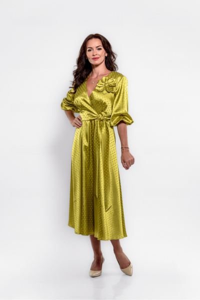 EFFECT Lime green women's dress, triple veil, polka dots, large flower, made ...