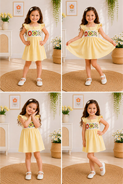 kahkaha kids Girl's Floral Embroidered Yellow Summer Dress