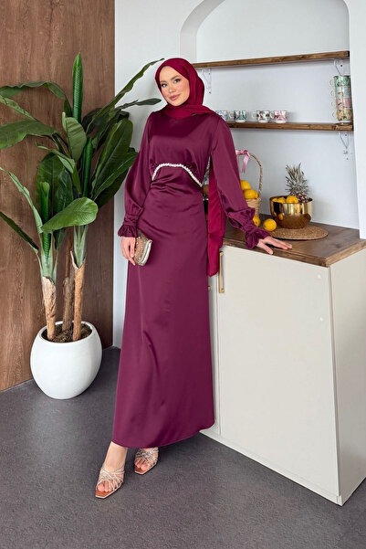 Abiye Diyarı Matmazel Taşlı Satin Hijab Evening Dress with Tie Back Straps
