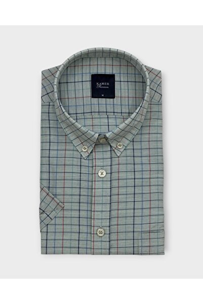 KAMER Men's Regular Fit Short Sleeve Buttoned Collar Multicolor Plaid Green S...