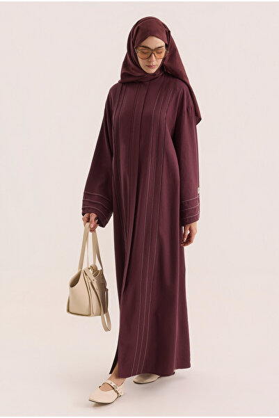 HEQA Kontrast Dikişli Abaya Bordo