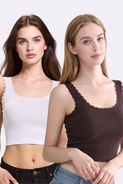 Pearlune Women's 2-Piece Lace Detailed Ribbed Crop Top Undershirt - 92% Cotto...