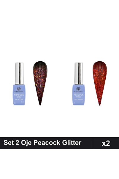 Makeup Set 2 Oje Semipermanente Peacock Glitter 8ml, Nuante 05 06, Manichiură...