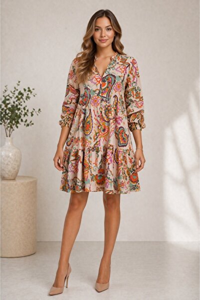 Bad Rochie Damă Vâscoză 100% Lejeră cu Imprimeu Multicolor Elegantă Casual de Zi