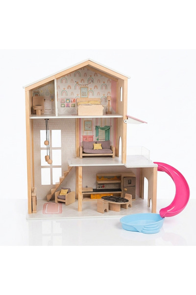 Toysilla Ahşap Oyuncak Ev Seti - 3 Katlı, Havuzlu ve Kaydıraklı - 12 Parça Ak...