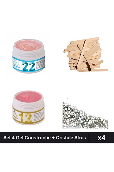 Makeup Set 4 Gel Constructie UV LED FSM 15g, Spatula Lemn, Cristale Stras Swa...