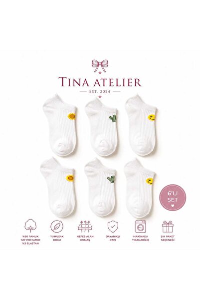 Tina atelier 6 Çift Pamuklu Kadın Patik Sneaker Çorap Günlük Beyaz Desenli
