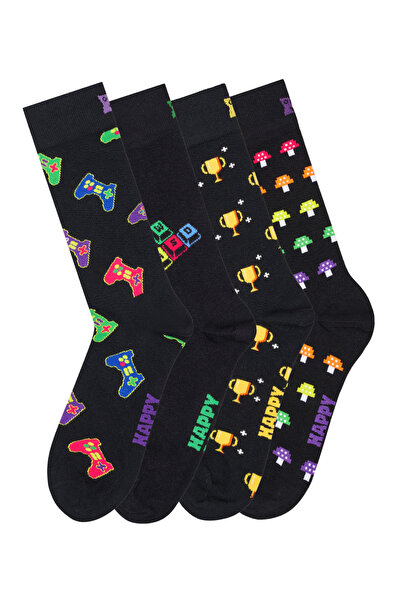 Derimod Happy Socks Men's Black Player Themed Cotton 4-Piece Sock Set P003368