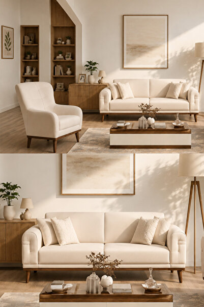 İYENA HOME LİVİNG Candy 3+3+1+1 Koltuk takımı Krem Sırt Mekanizmalı Yataklı
