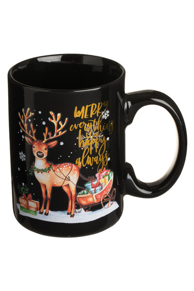 Zumzeria Black Christmas New Bone Mug with Reindeer Design 400ml