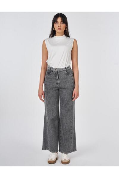 Kayra Kadın Yıkamalı Dikiş Detaylı Yüksek Bel Cepli Geniş Paça Denim Pantolon