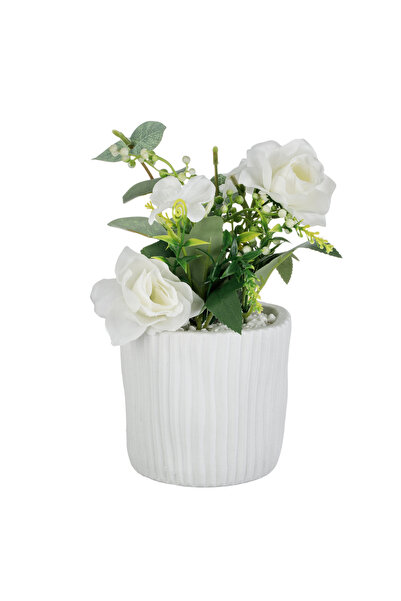 Zumzeria Ghiveci decorativ din ciment alb cu plantă artificială de trandafir ...