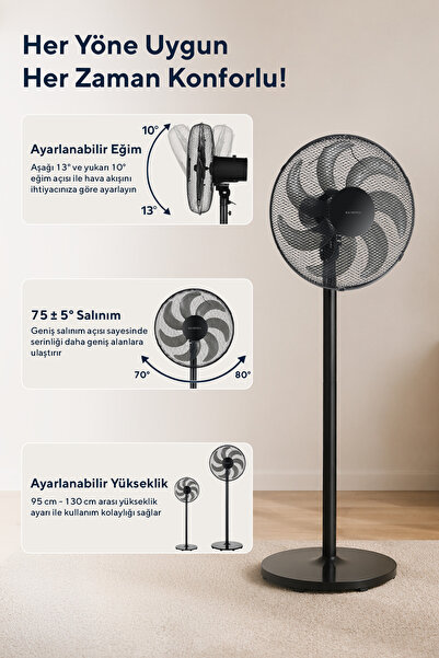 KUMTEL KTF-760 Siyah 16 İnç Ayaklı Vantilatör 50 W,7 Pervaneli,3 Kademeli, 130 cm Yükseklik