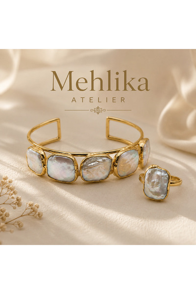 mehlika atelier Altın Kaplama Doğal İnci Detaylı Bileklik & Yüzük Seti – |