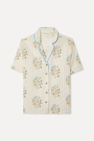 Mudo Women's Ecru Embroidered Short Sleeve Shirt