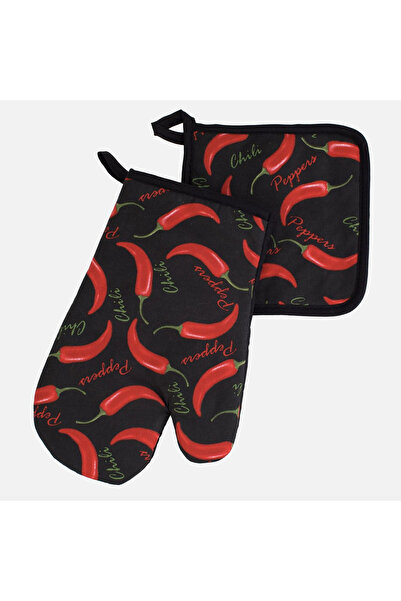 Zumzeria Black Oven Mitt & Kitchen Towel Set with Chilli Pattern - 2pcs