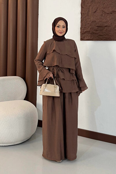 Tesettür Diyarı Miela Modal Tulle Fabric Lined Hijab Set - Brown