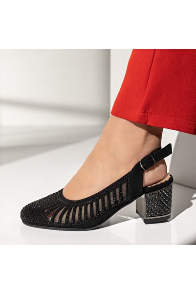 Modlet.ro Women's black suede block-heeled shoes with strap MOD14240