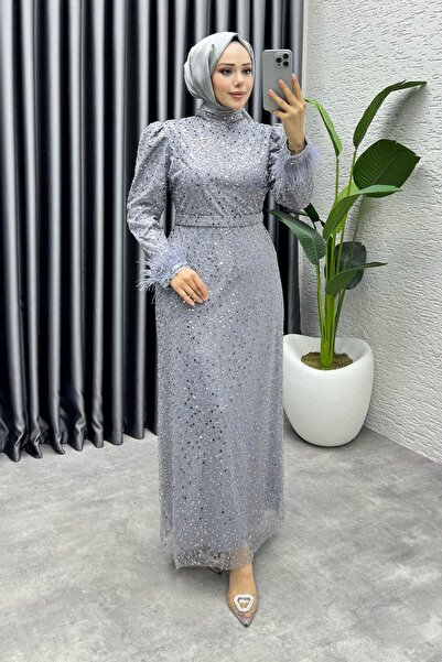 Kalemen Moda Sahra Otriş Detay Abiye 1004 Gri